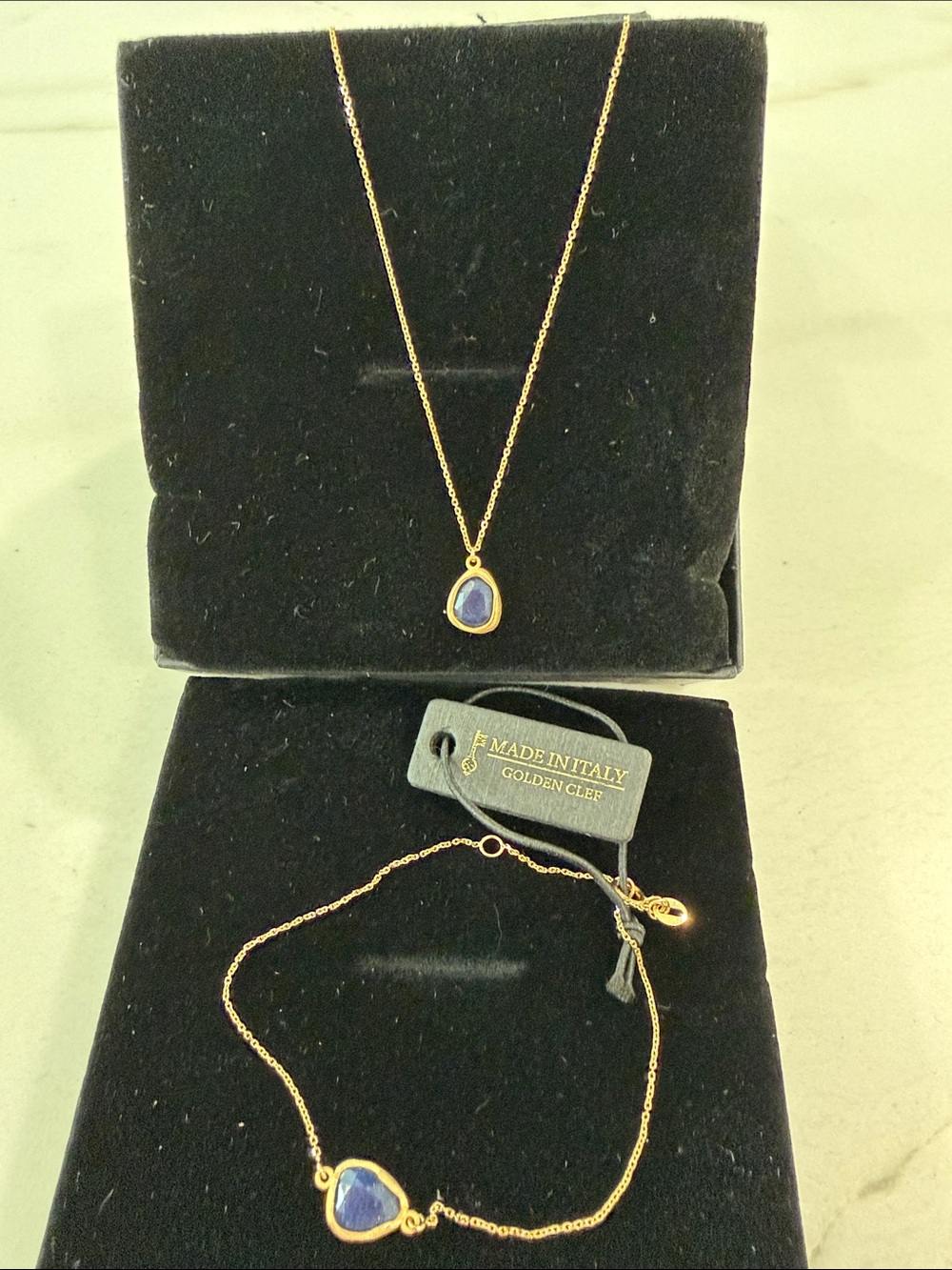 Made in Italy 14k solid gold Blue sapphire Gemstone Necklace and Bracelet Set